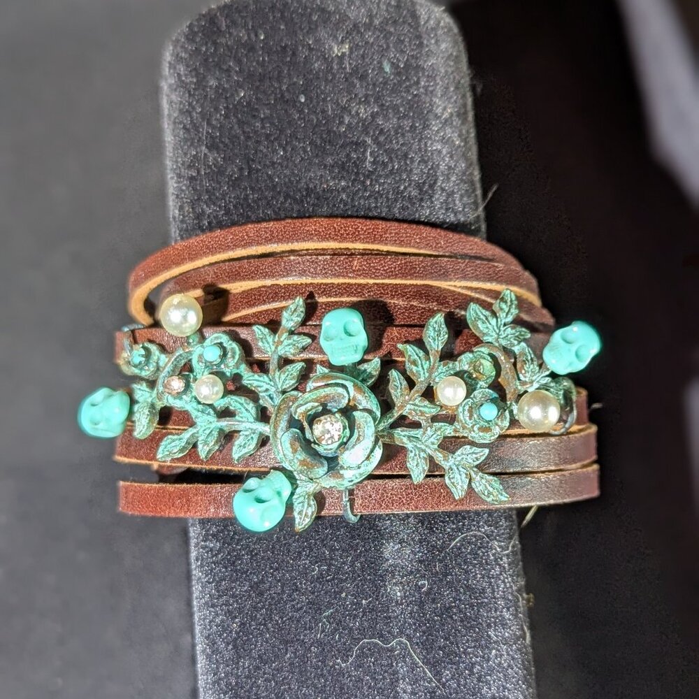 Betsey Johnson Leather Wrap Bracelet – Patina Floral & Turquoise Skulls